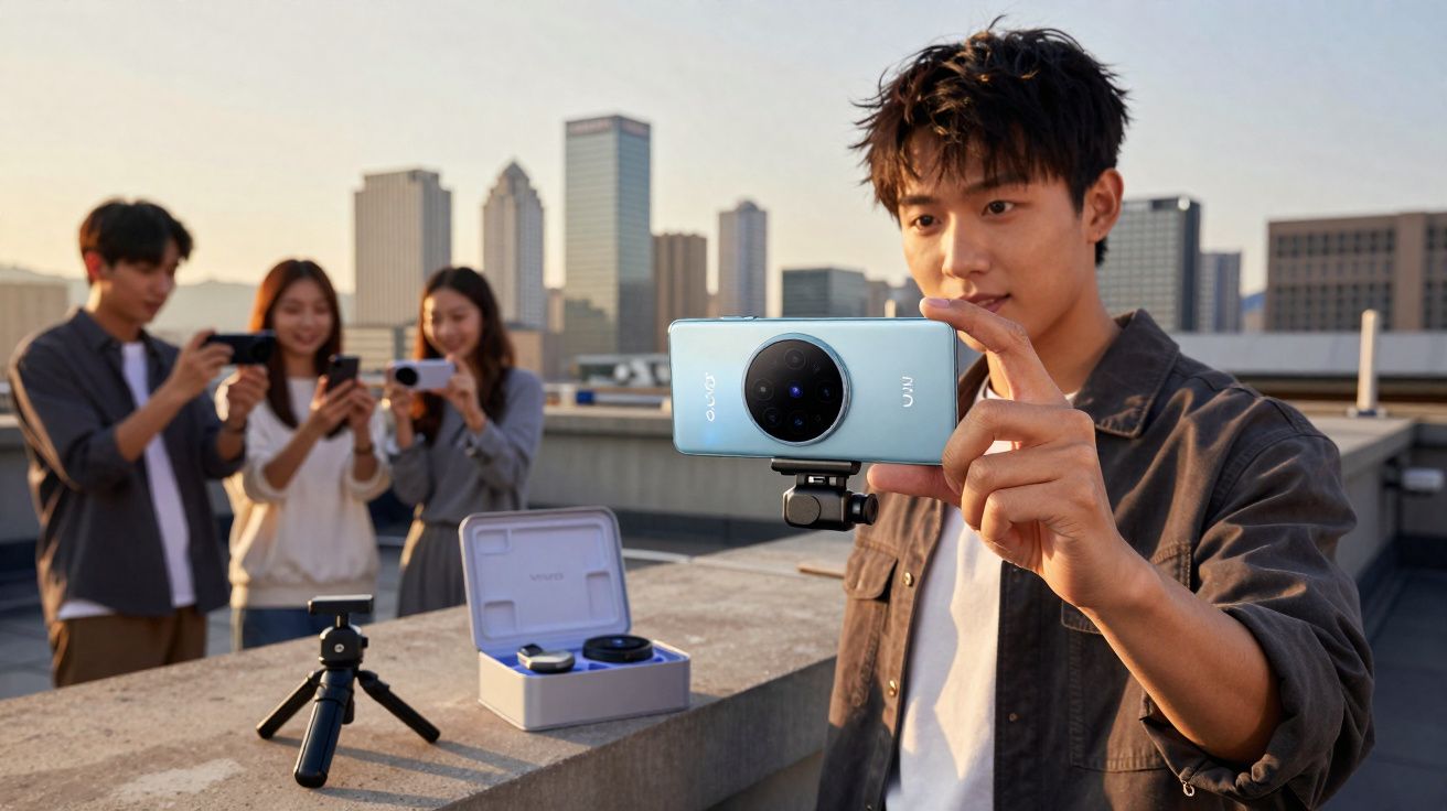 Jovem segurando smartphone com câmera grande, amigos ao fundo também usando celulares em cobertura urbana.