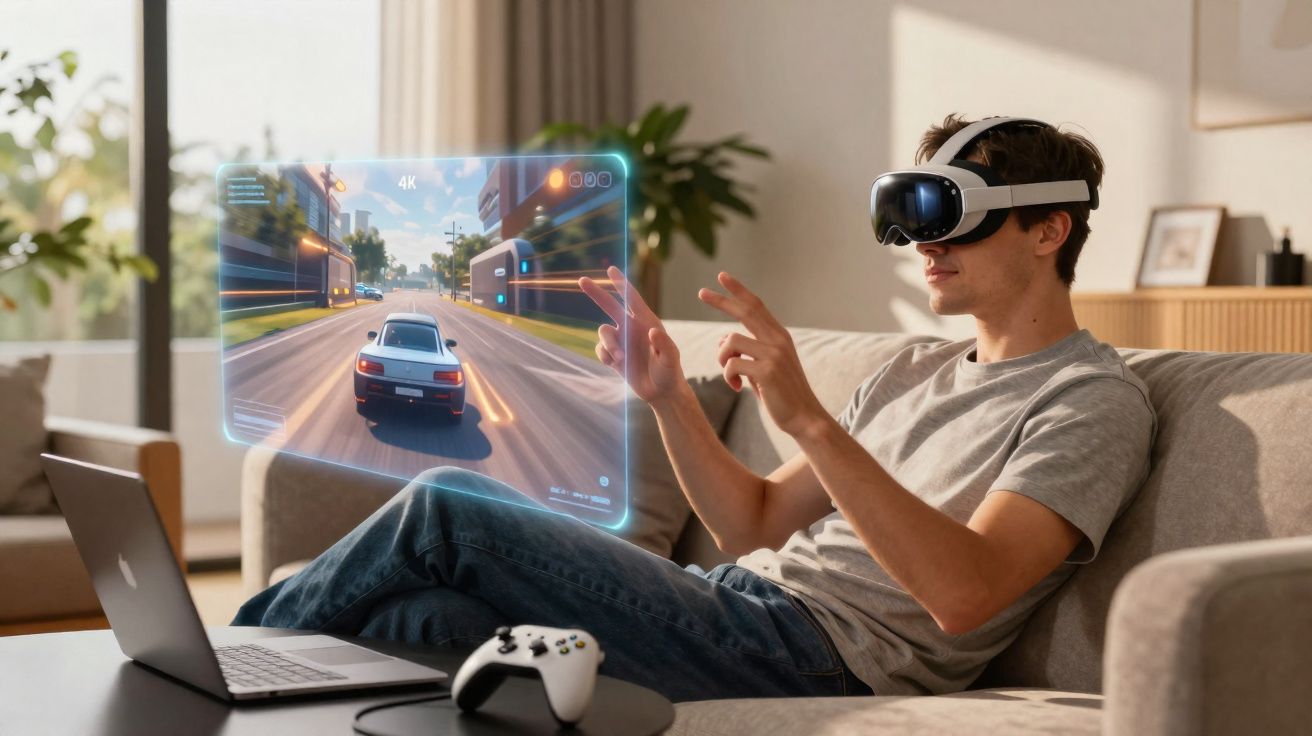 Jovem usando óculos VR joga simulador de corrida com controle ao lado em sala iluminada.