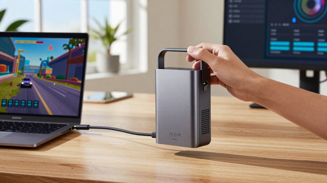 Mão segurando nobreak portátil conectado a notebook em uma mesa de madeira em ambiente claro.