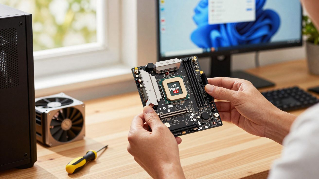 Pessoa segurando uma placa-mãe com processador Ryzen 7 em mesa com computador e ferramentas.