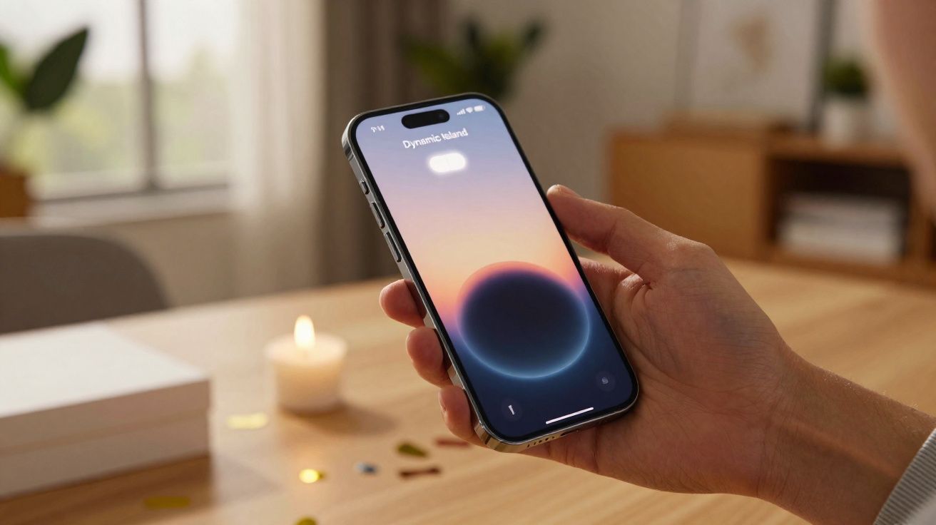 Pessoa segurando um smartphone com a tela mostrando a função Dynamic Island ativada em um ambiente interno.