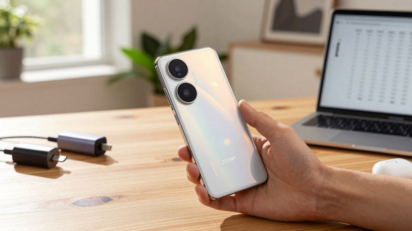 Pessoa segurando smartphone branco com câmera dupla, sobre mesa de madeira, ao lado de laptop e carregadores.