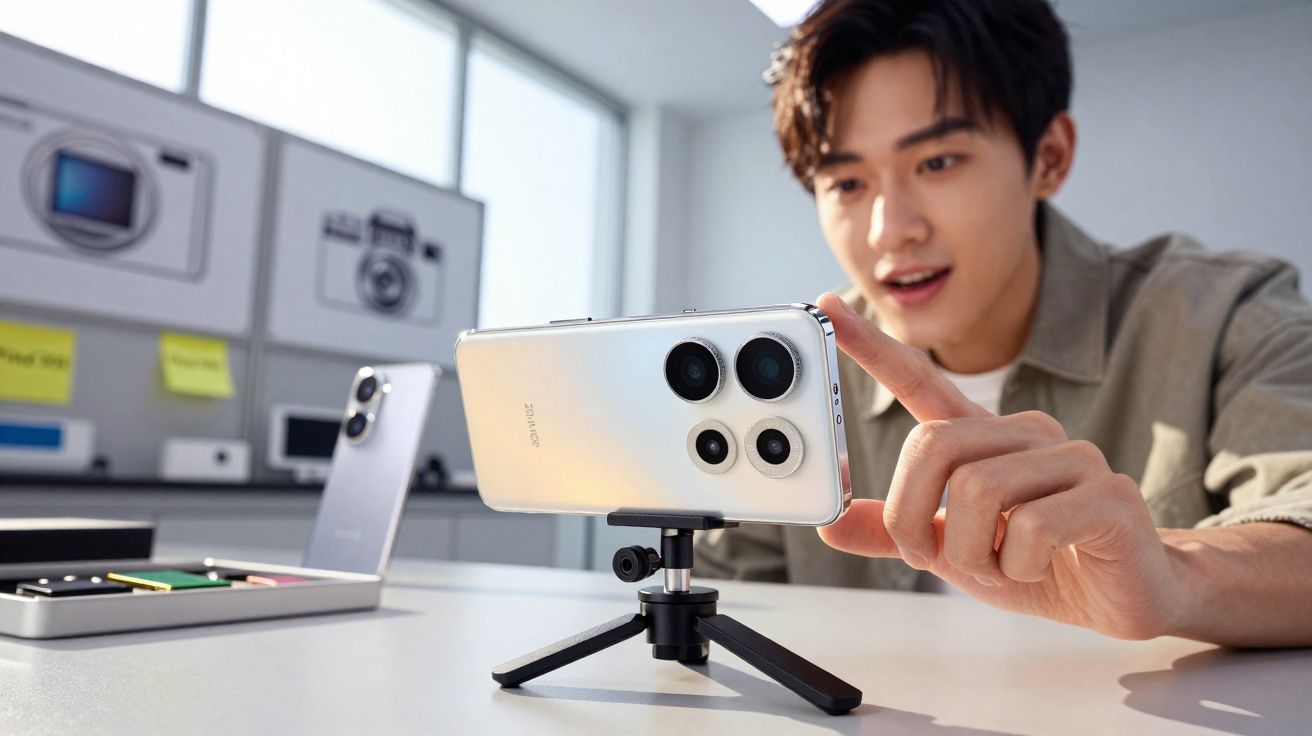 Jovem ajusta smartphone montado em tripé na mesa em ambiente iluminado e moderno.