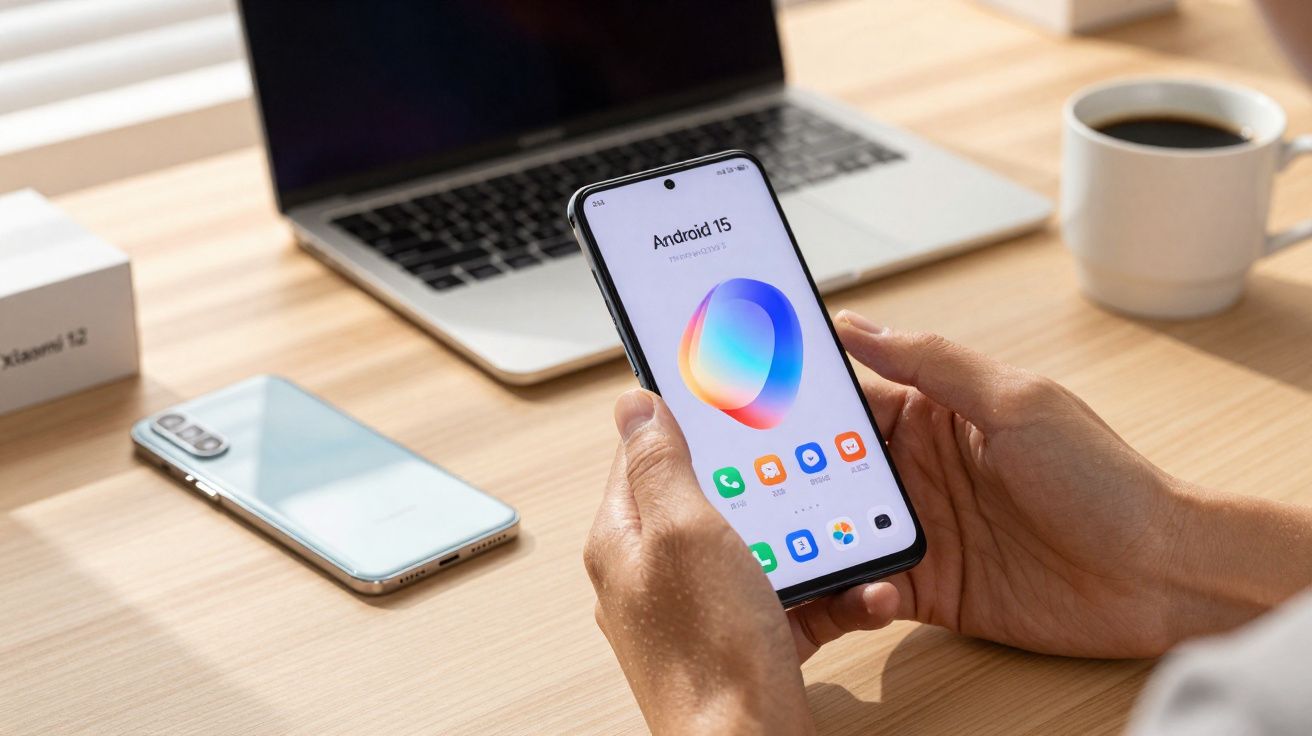 Pessoa segurando smartphone com Android 15 na tela, sobre mesa com notebook, outro celular e xícara de café.