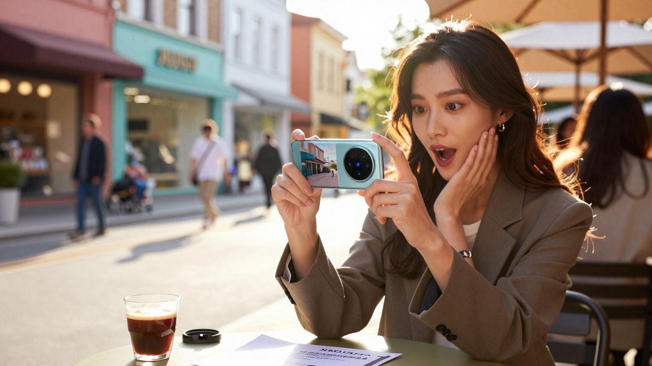Mulher surpresa tira foto com smartphone sentada em mesa de café ao ar livre em dia ensolarado.