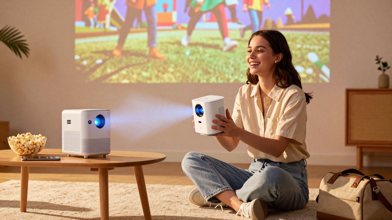 Mulher sentada no chão segurando projetor, com outro projetor ligado em mesa de madeira e imagem projetada na parede.