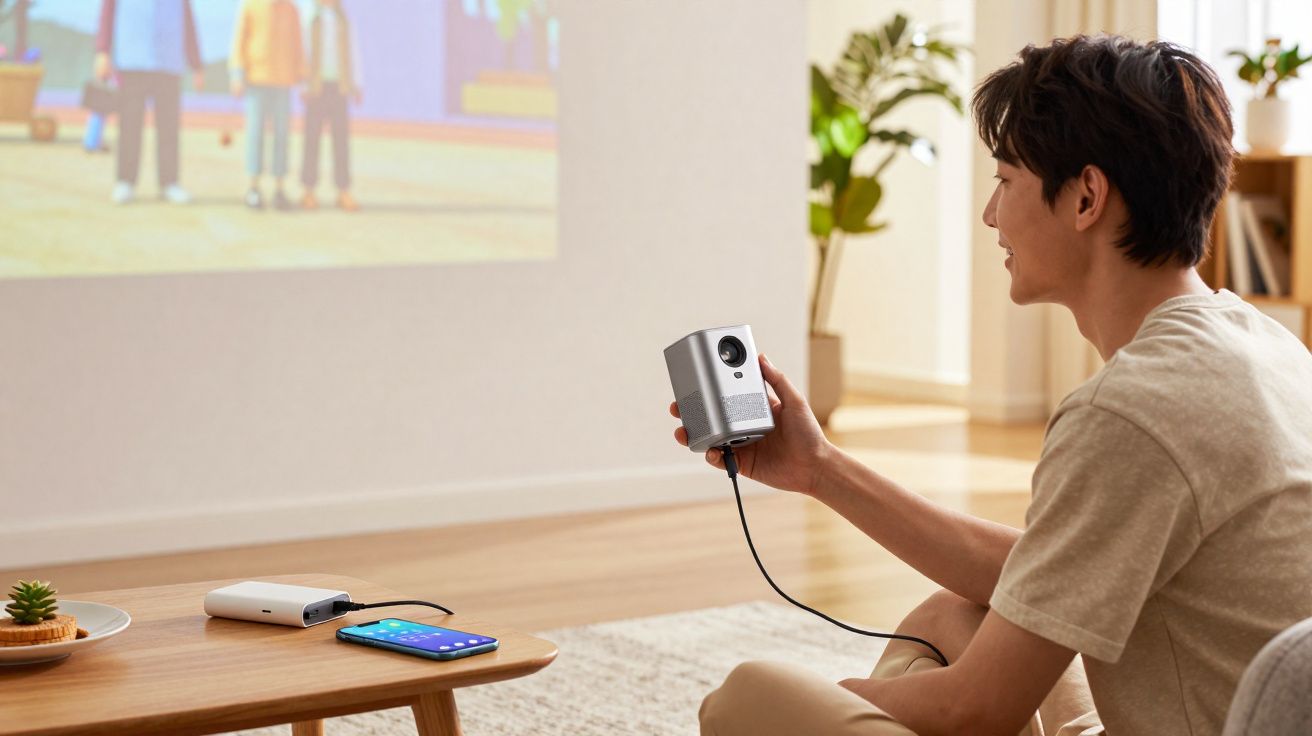 Homem sentado no chão usando projetor portátil para assistir imagem na parede da sala.