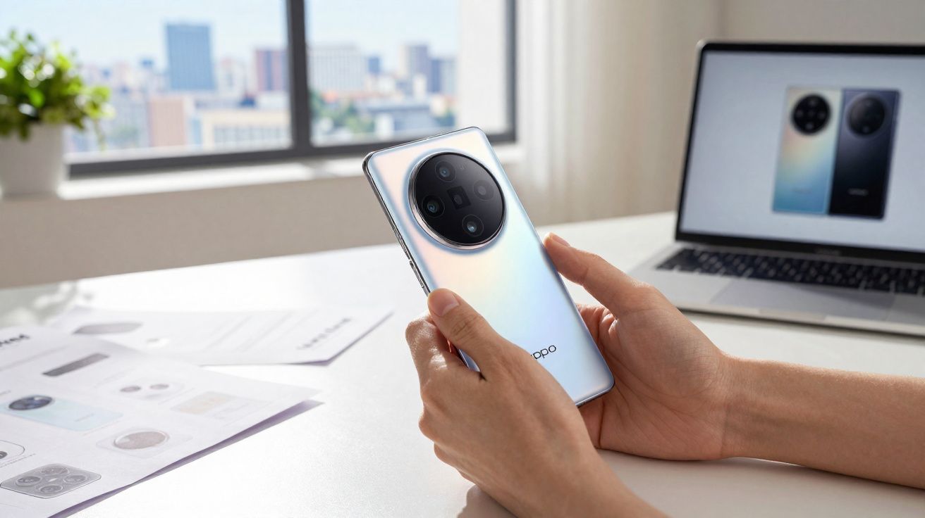 Pessoa segurando smartphone branco com câmera circular em mesa com laptop e documentos.