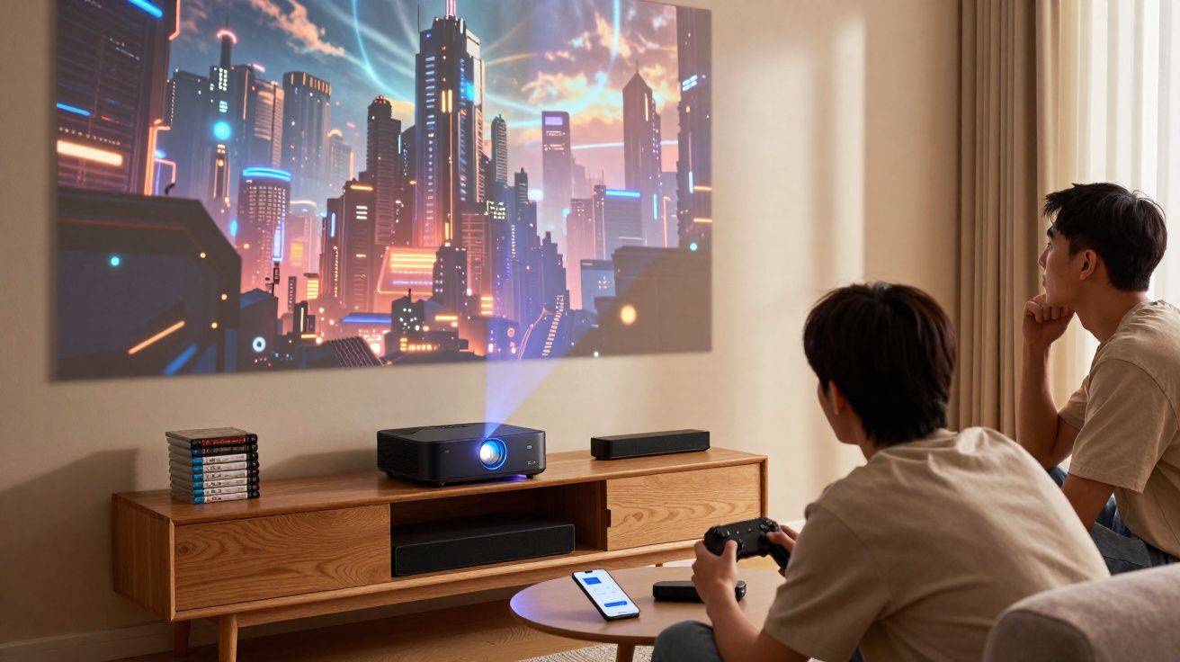 Duas pessoas jogando videogame com controle, projetor e tela exibindo cidade futurista em sala aconchegante.