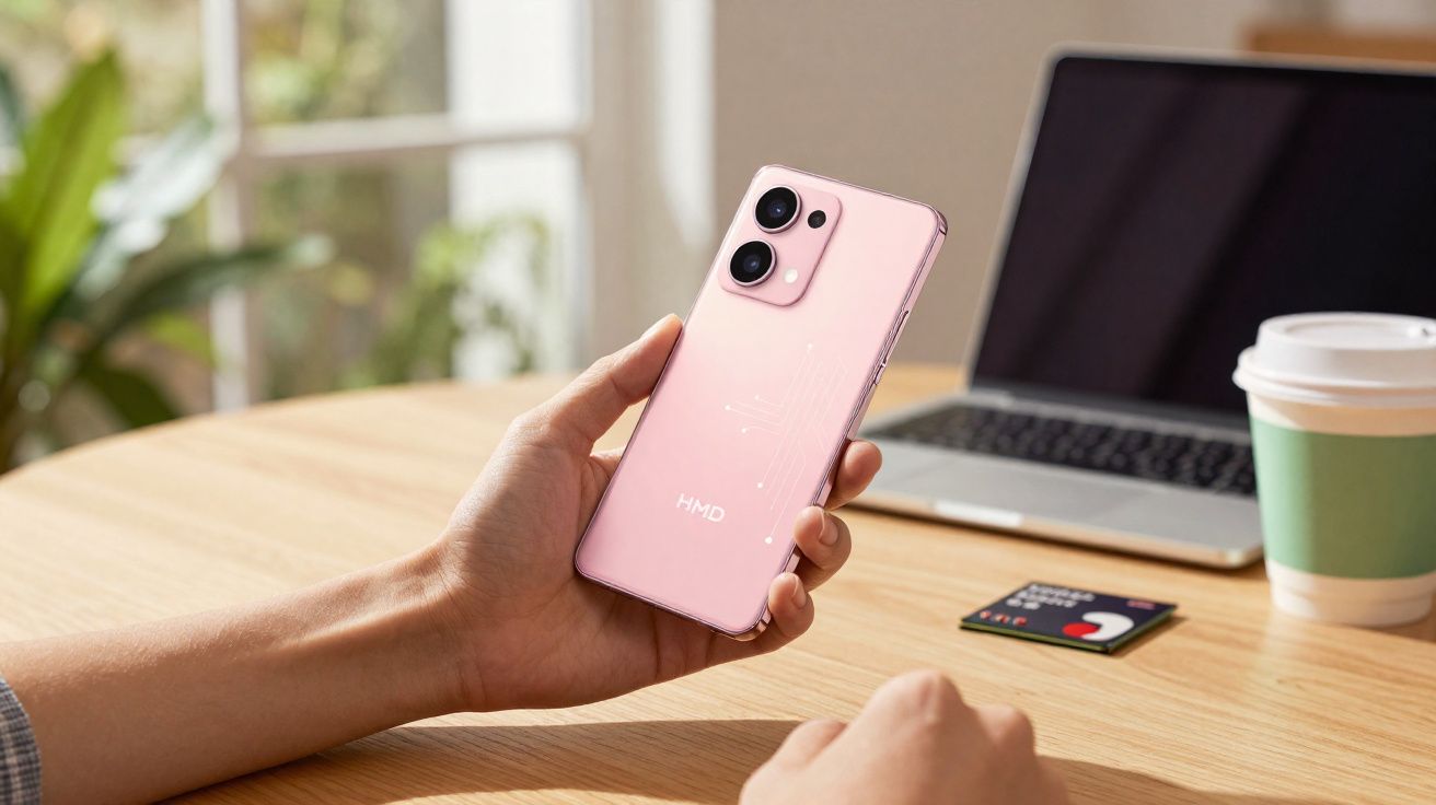 Pessoa segurando celular rosa com câmera dupla, notebook e copo de café em mesa de madeira.