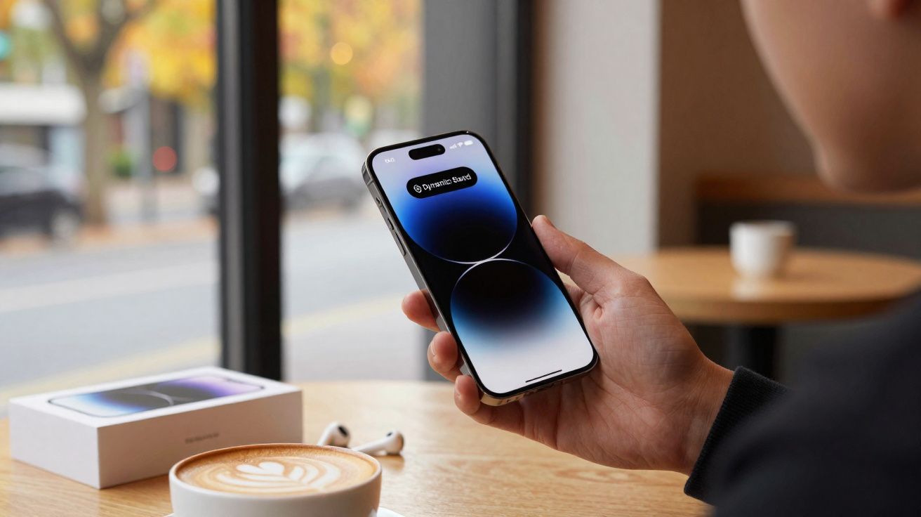 Pessoa segurando um smartphone com tela azul perto de uma mesa com café e caixa do celular.