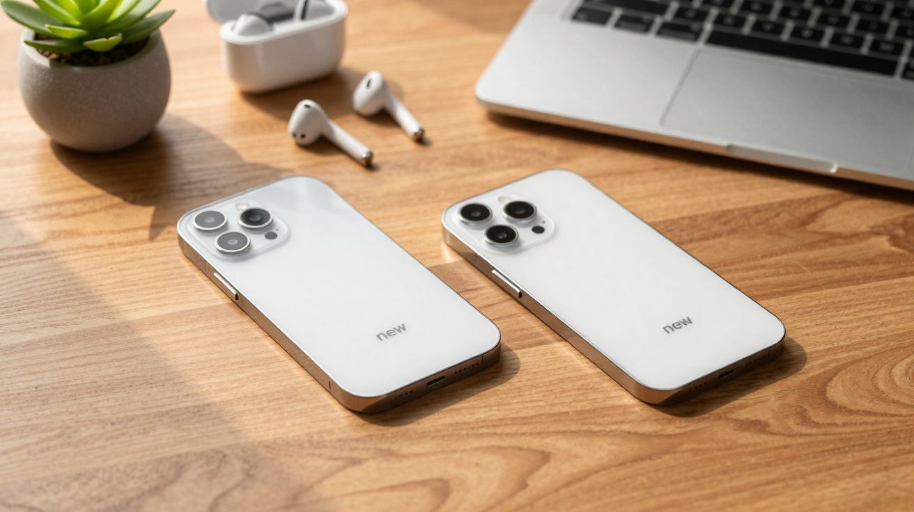 Dois celulares brancos com câmeras triplas sobre mesa de madeira ao lado de fones de ouvido e laptop.