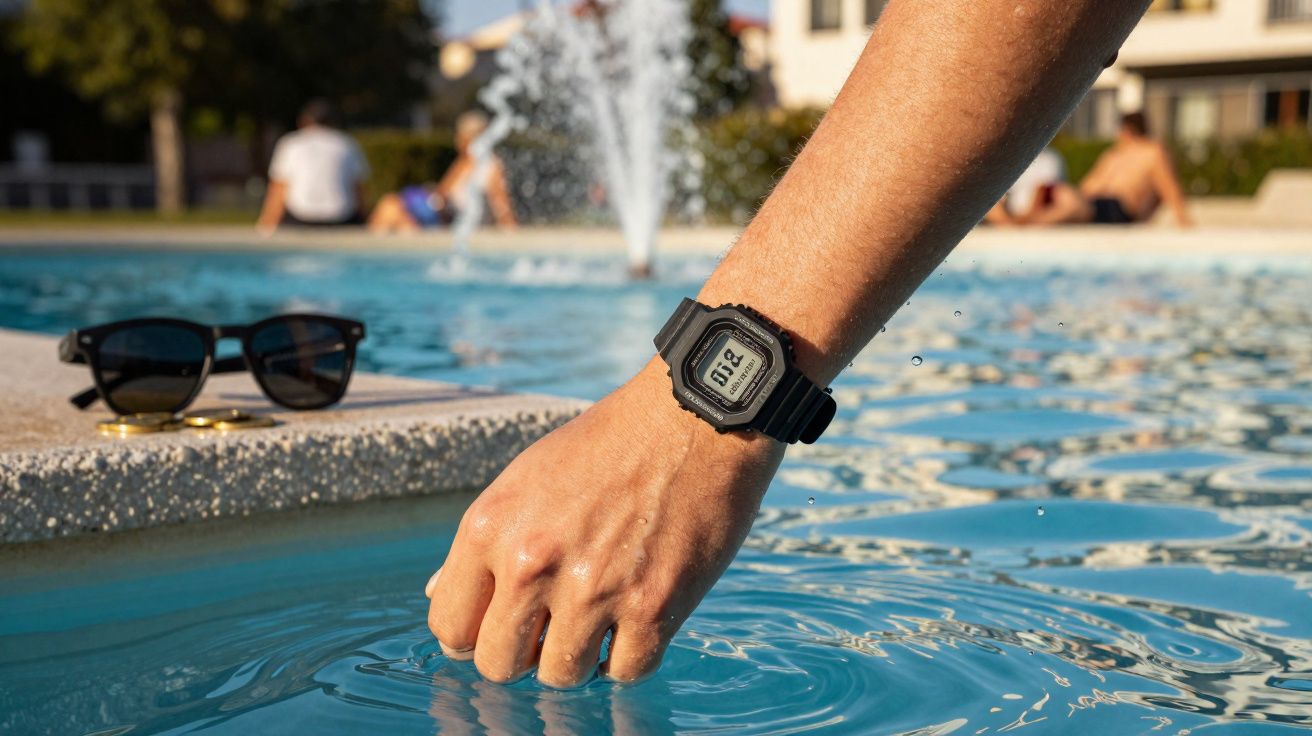 Mão com relógio digital preto tocando a água de piscina com óculos escuros ao lado.