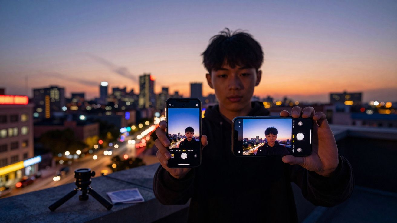 Homem com dois smartphones mostrando selfies, com horizonte urbano ao entardecer desfocado ao fundo.