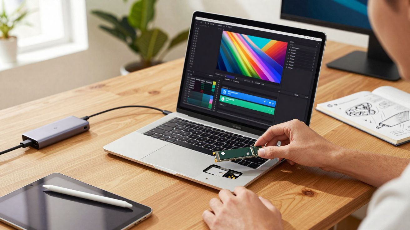 Pessoa instalando um módulo de memória em um laptop aberto sobre mesa de madeira clara.