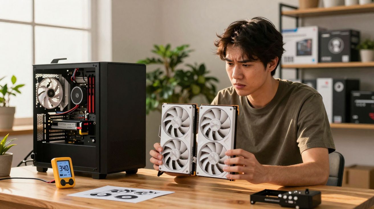 Jovem analisa componentes de computador e ventoinhas brancas em mesa com gabinete aberto ao lado.