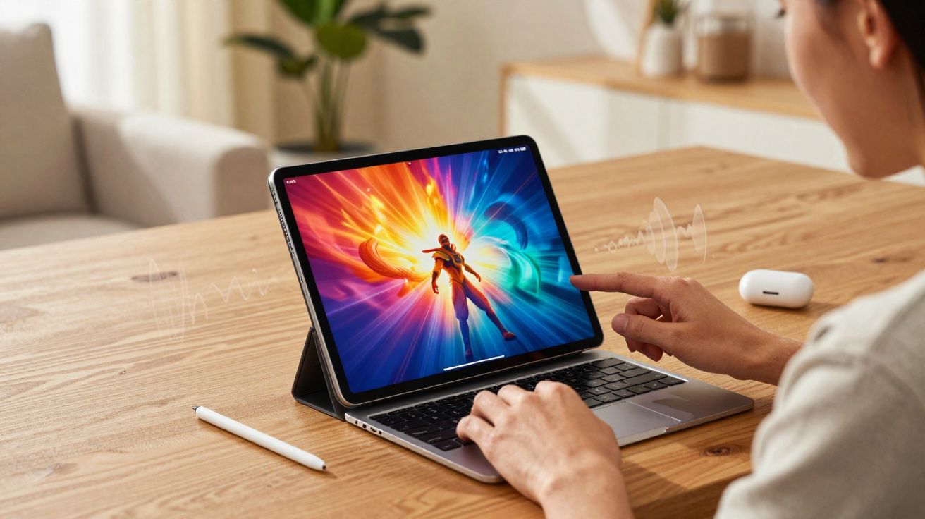 Pessoa usando tablet com capa teclado em mesa de madeira, tela mostrando imagem colorida vibrante de personagem animado.