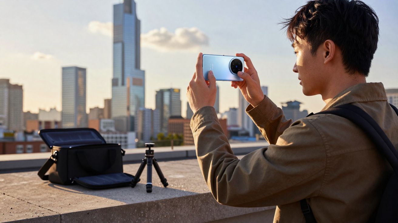 Jovem fotografando o skyline da cidade ao pôr do sol com smartphone prateado.