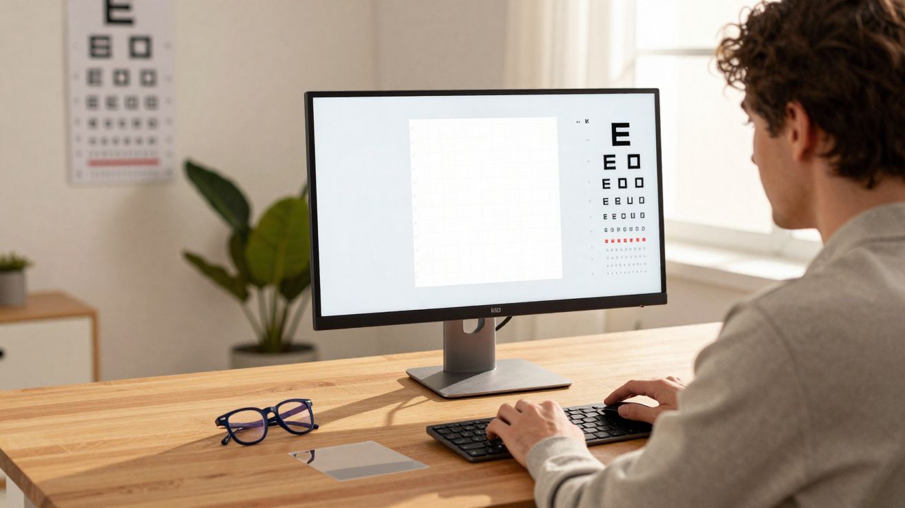 Pessoa realizando exame de visão em computador com tabela de optotipo e óculos na mesa de madeira.