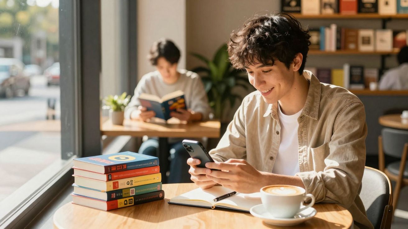 Jovem sorridente usando celular em mesa com livros, caderno e café, com outra pessoa lendo ao fundo.