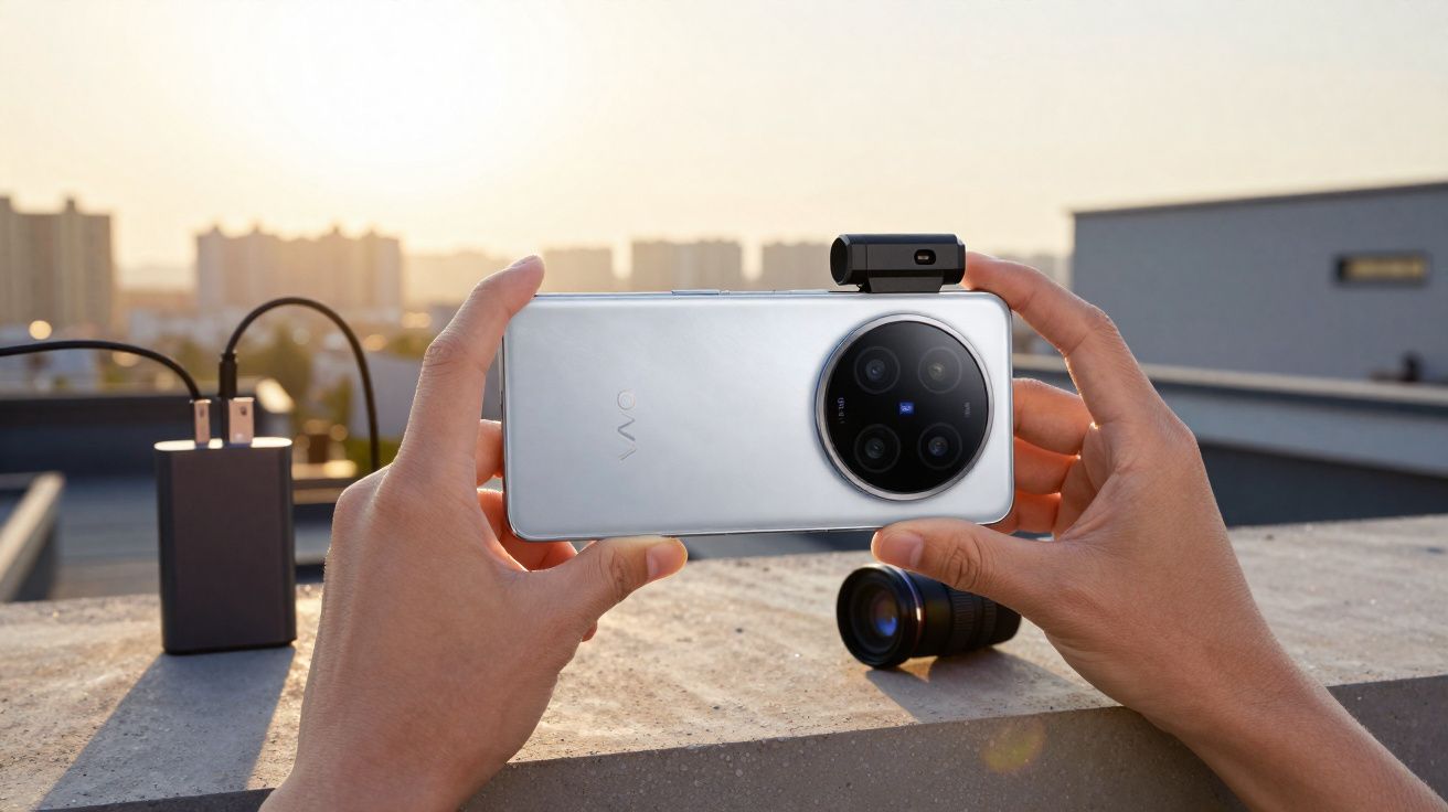 Pessoa segurando smartphone prata com câmera giratória, carregando com cabo USB em superfície externa.