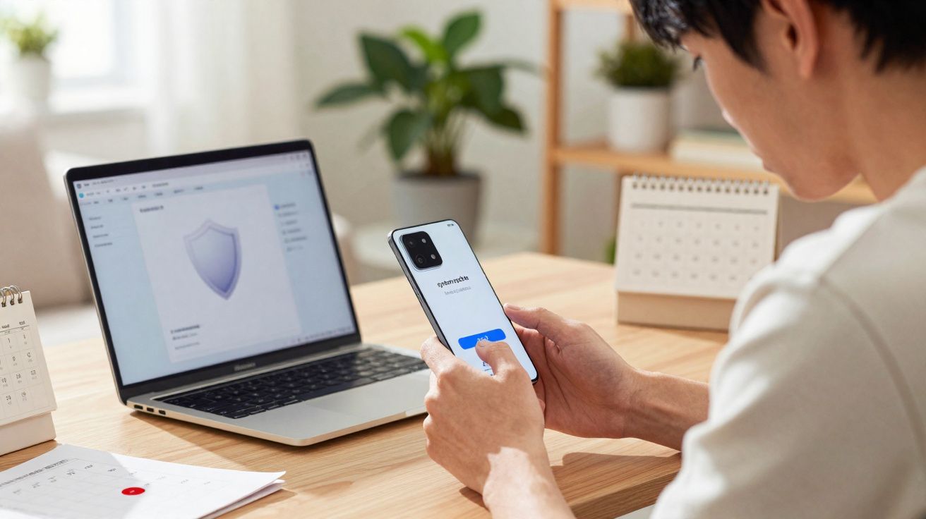 Pessoa usando smartphone com laptop aberto em página de segurança em mesa de escritório.