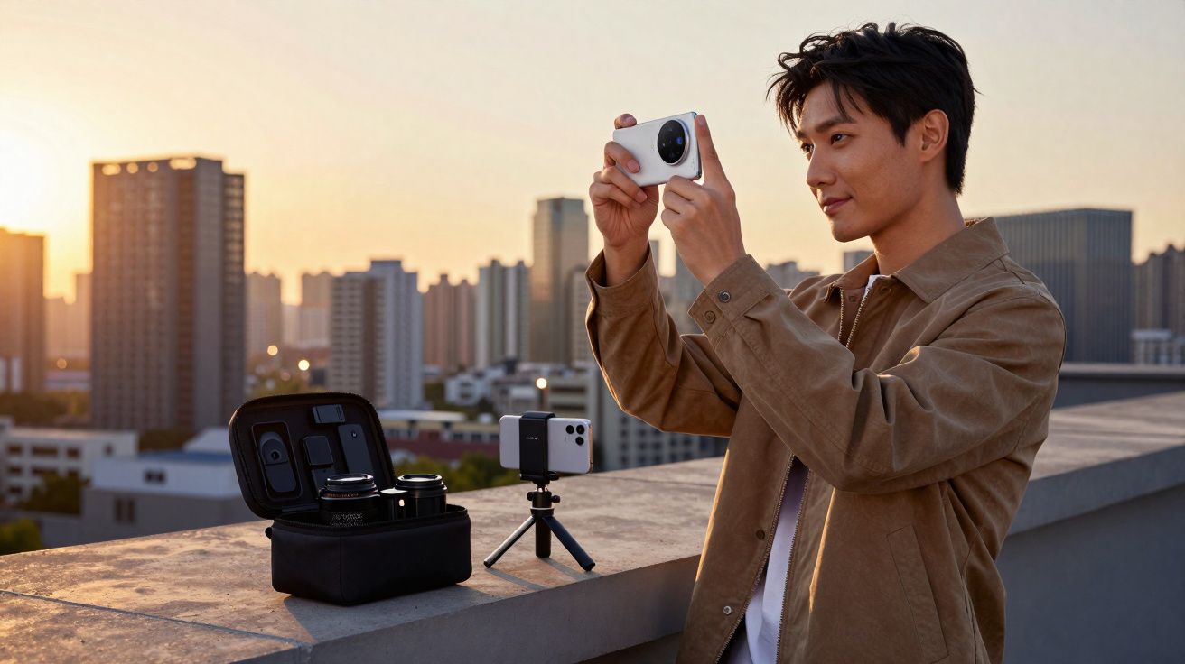 Homem tirando foto com câmera digital na cobertura ao pôr do sol com equipamentos fotográficos ao lado.