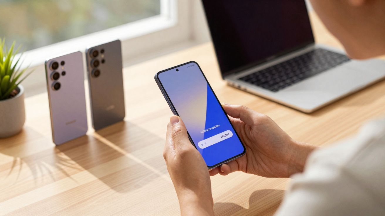 Pessoa segurando smartphone com tela de ativação, dois celulares apoiados e notebook sobre mesa de madeira.