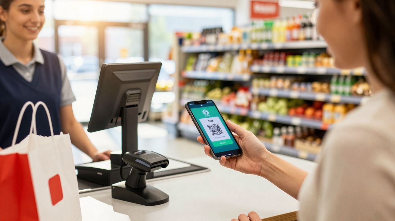 Cliente realiza pagamento com celular usando código QR em supermercado moderno.