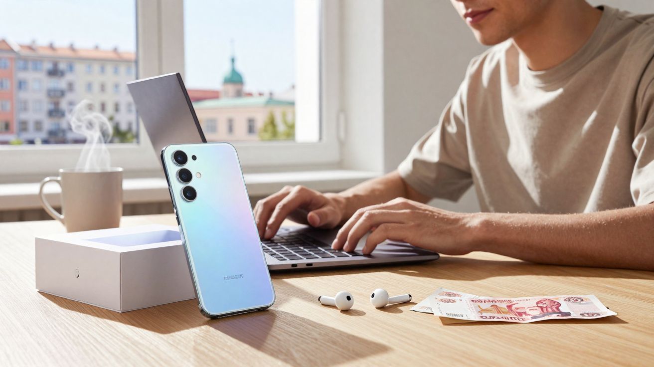 Pessoa digitando em laptop com celular Samsung, fones de ouvido, dinheiro e caneca de café na mesa.