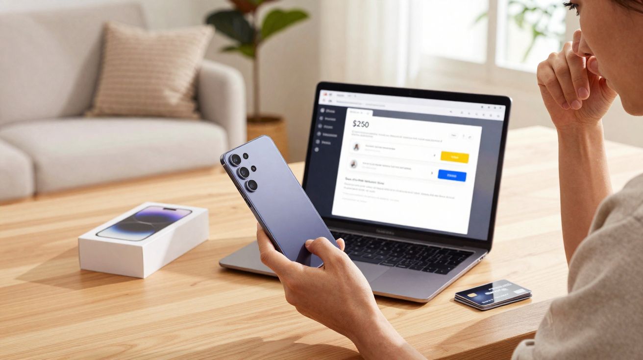 Pessoa segurando smartphone com laptop aberto em site de pagamentos sobre mesa de madeira.