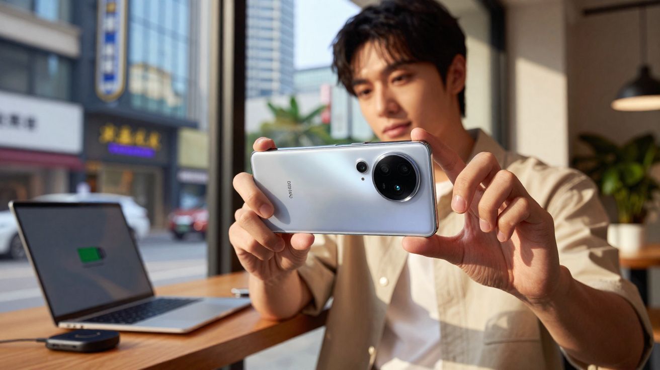 Jovem em café segurando smartphone prata focado na câmera, com laptop aberto na mesa ao lado.