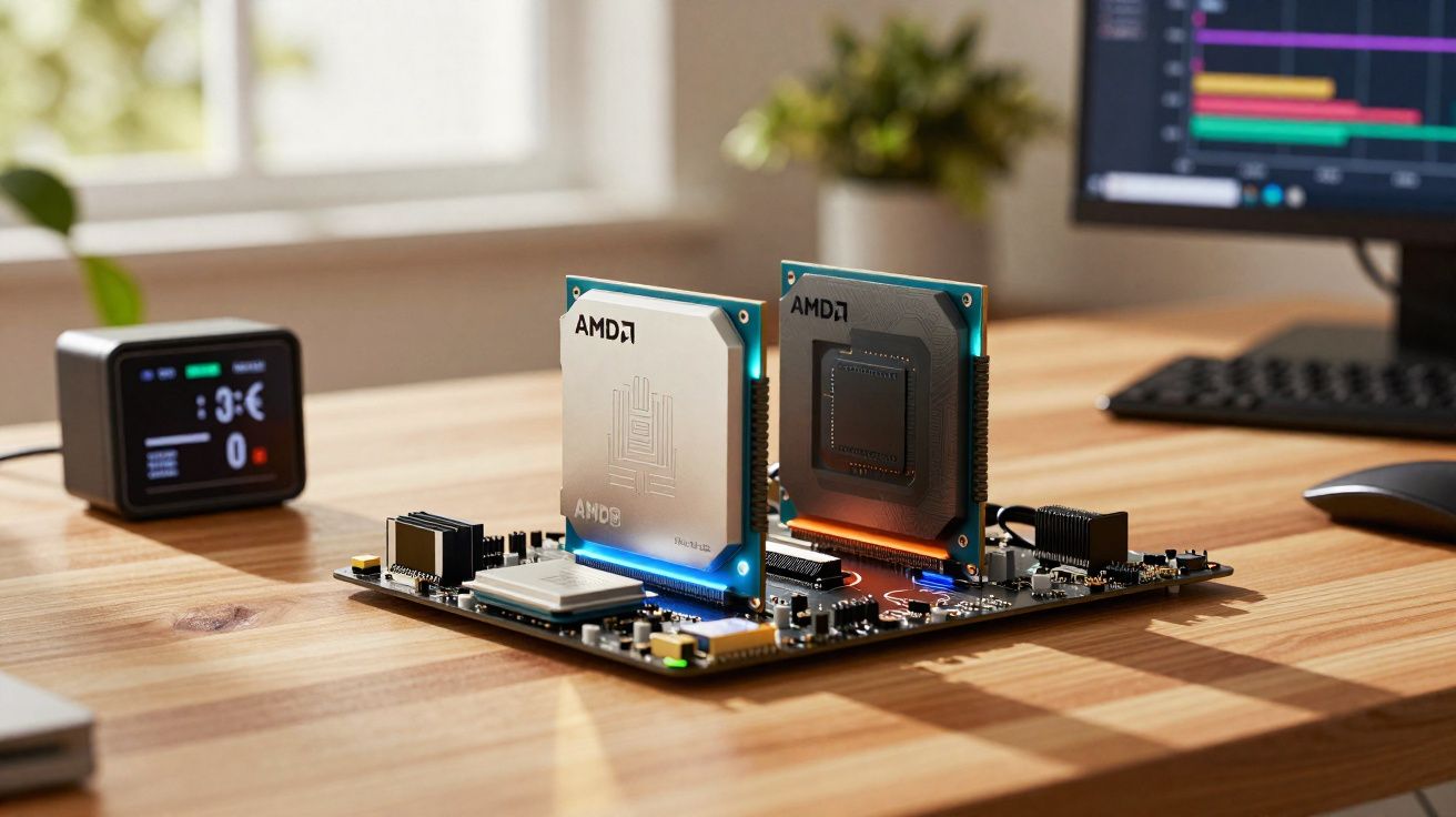 Placa-mãe com dois processadores AMD instalados sobre uma mesa de madeira, com monitor ao fundo.