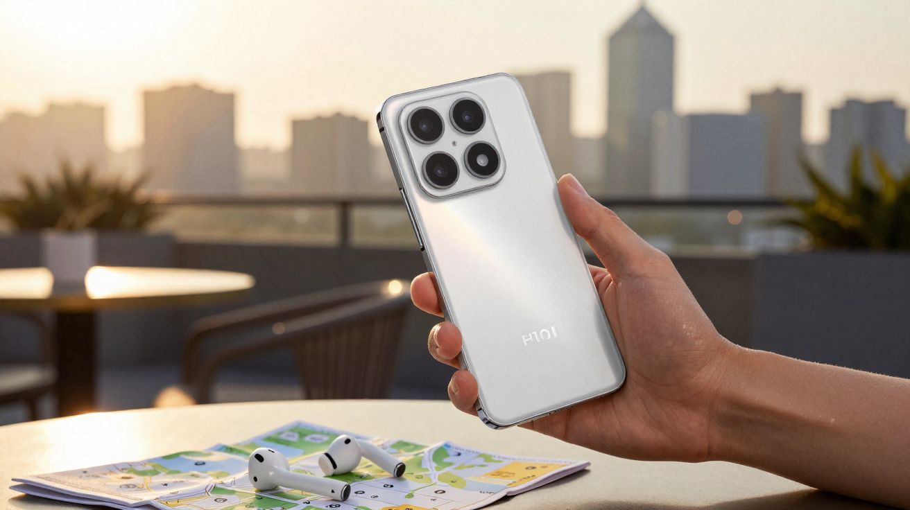 Mão segurando smartphone prateado com quatro câmeras, sobre mesa com um mapa e fones de ouvido sem fio.