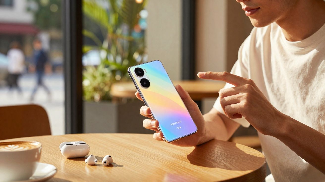 Pessoa segurando um smartphone com capa colorida e fones de ouvido sobre mesa de café.