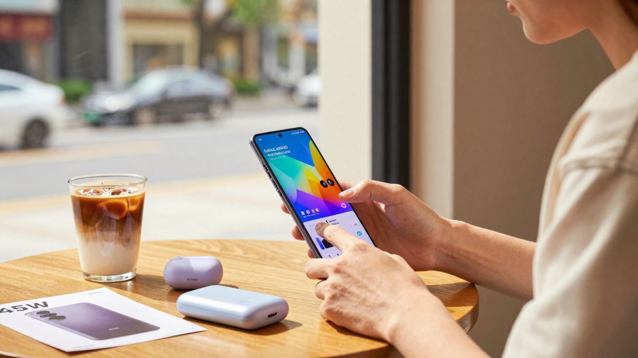 Pessoa usando smartphone em mesa com copo de café gelado, fones de ouvido e carregador portátil.
