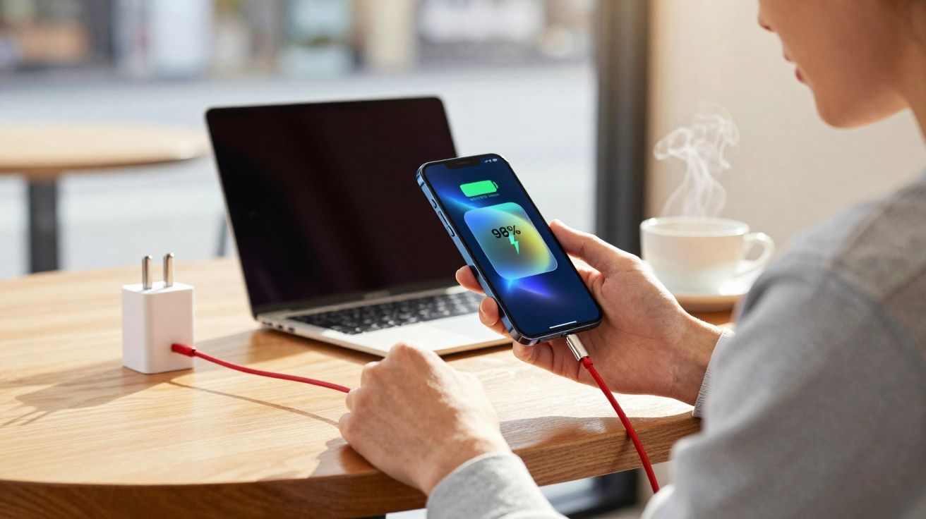 Pessoa segurando celular carregando com cabo vermelho ao lado de notebook em mesa de madeira, com xícara de café.