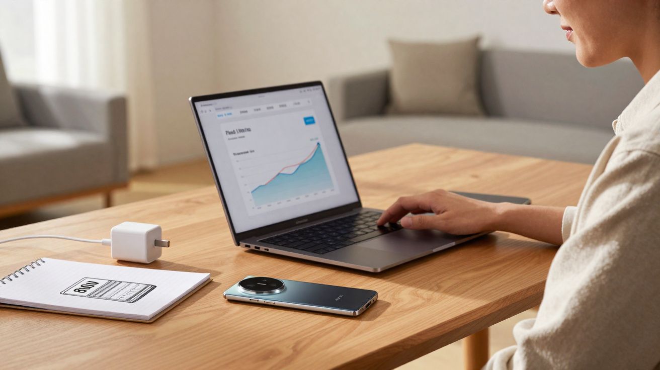 Pessoa usando laptop com gráfico de crescimento em mesa de madeira ao lado de celular, bloco de notas e carregador.