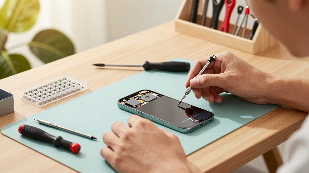 Pessoa desmonta tela de celular sobre mesa com ferramentas de reparo ao redor em ambiente iluminado.