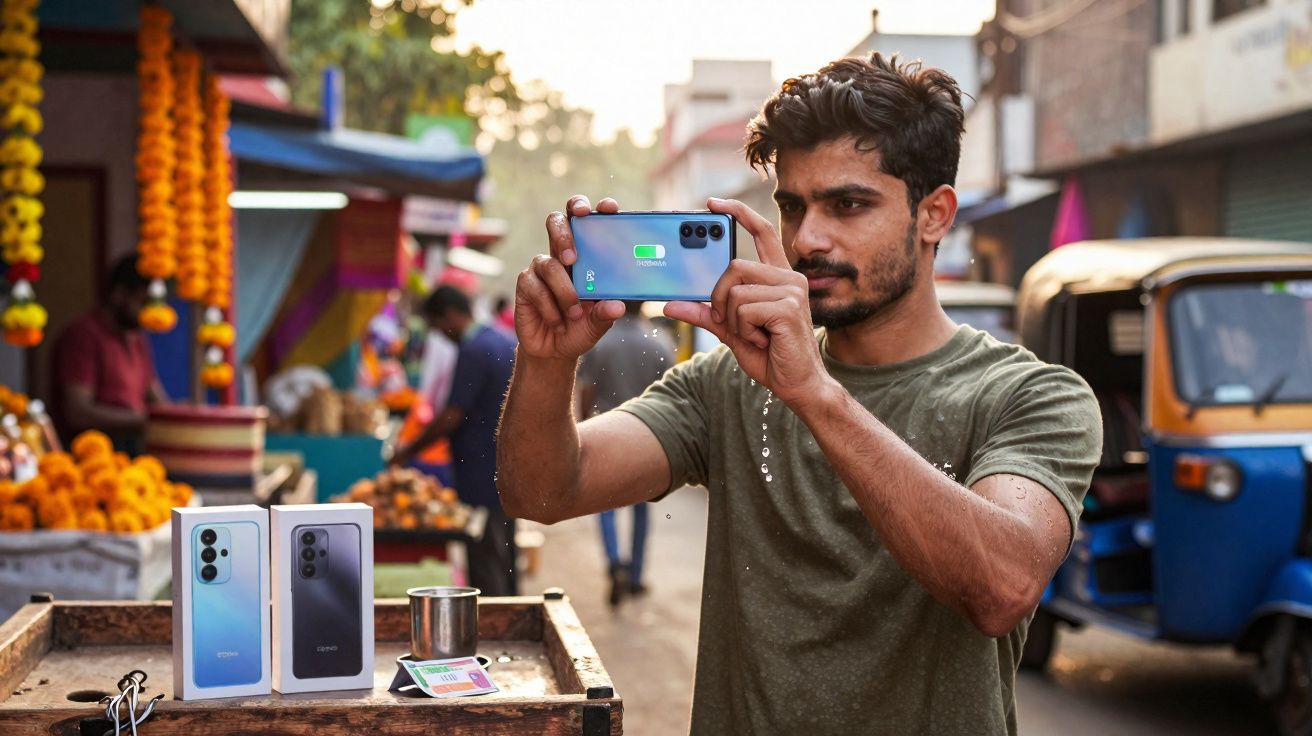 Homem tirando foto com celular azul em mercado de rua com caixas de outros celulares à sua frente.