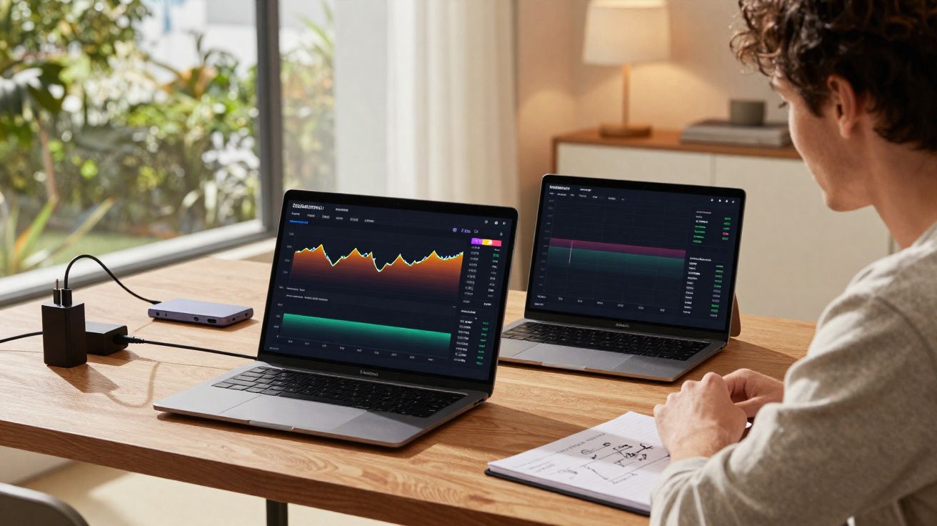 Pessoa analisando gráficos financeiros em dois notebooks sobre mesa de madeira em ambiente iluminado.