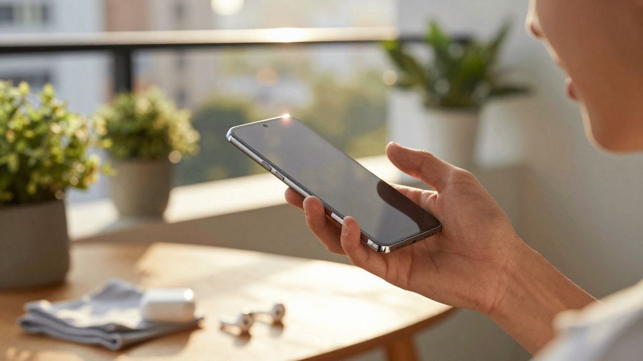 Pessoa segurando smartphone com luz refletindo na tela em ambiente claro e plantas ao fundo.