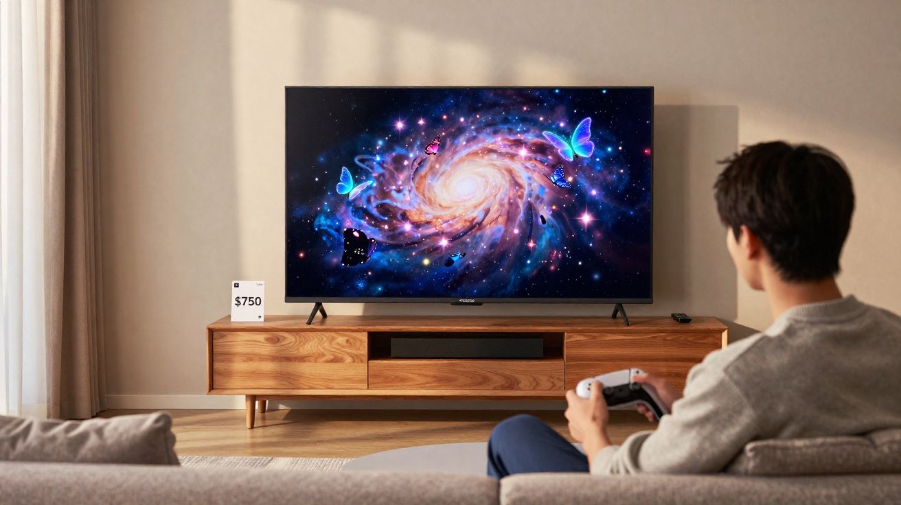 Pessoa sentada no sofá jogando videogame na sala com TV mostrando galáxia colorida e borboletas.