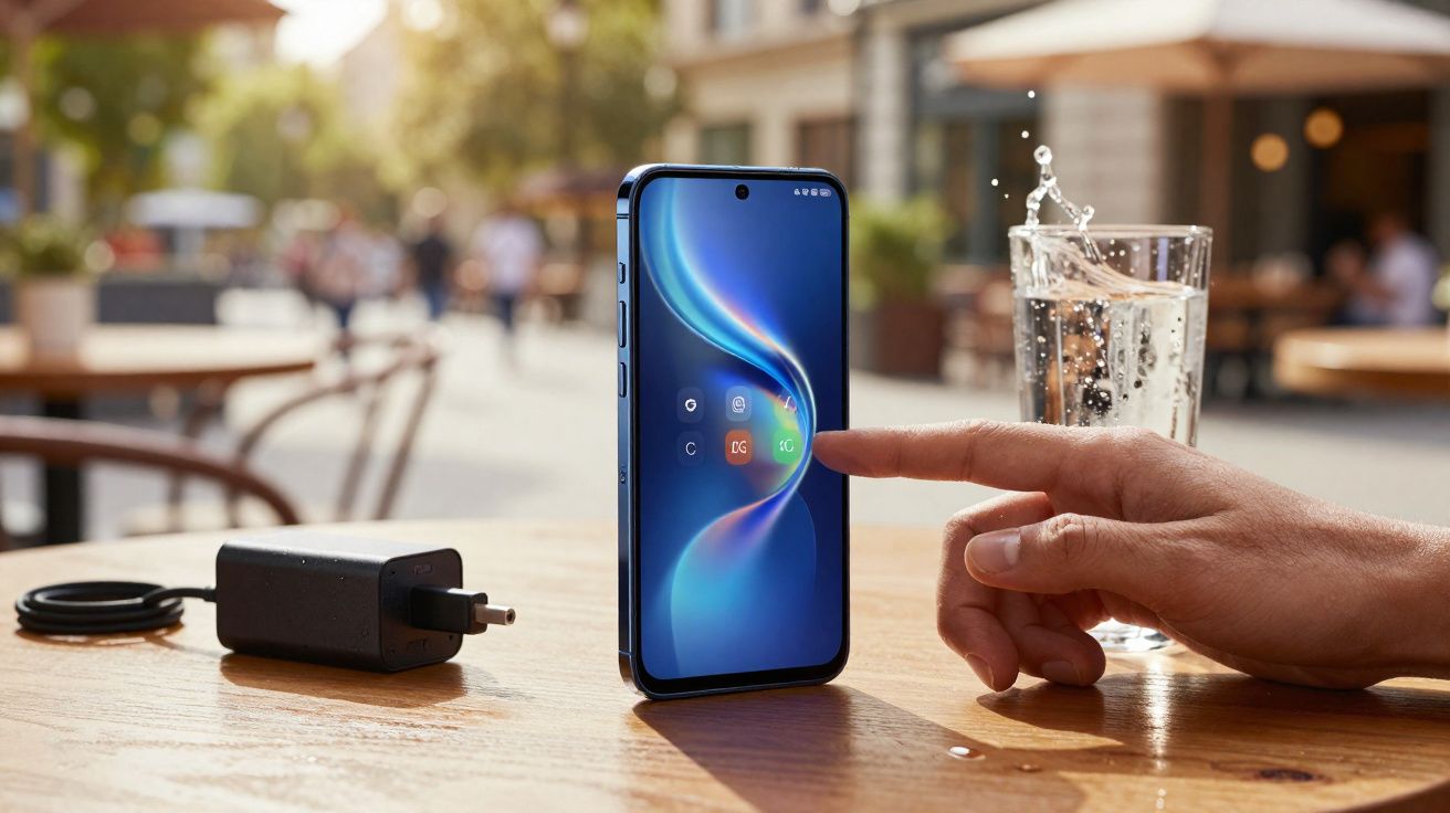 Smartphone azul em pé em mesa de madeira com mão tocando a tela, carregador e copo de água ao lado.