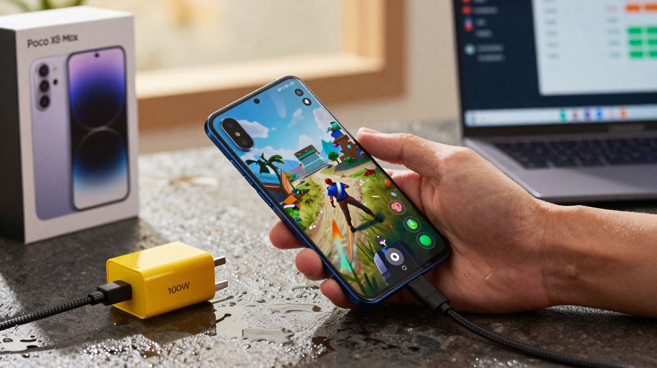 Pessoa segurando smartphone com jogo aberto, carregador amarelo e caixa do Poco X5 Pro na mesa molhada.