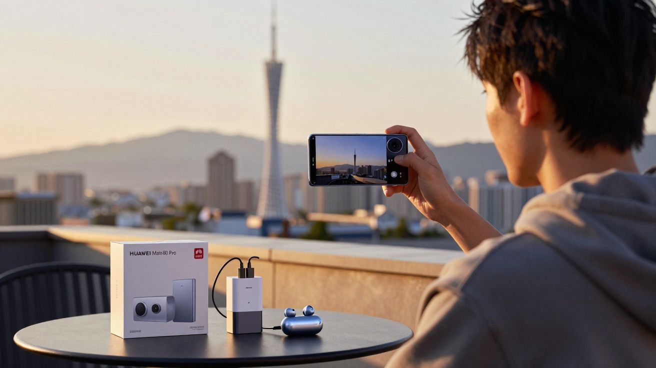 Pessoa tirando foto com smartphone Huawei Mate 50 Pro em mesa com caixa, carregador e fones sem fio ao ar livre.