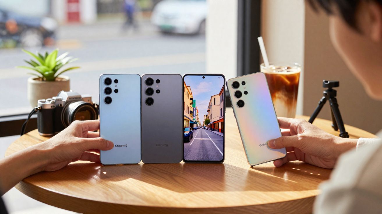 Mesa redonda com quatro smartphones Galaxy S23 exibidos, café, câmera e planta ao fundo.