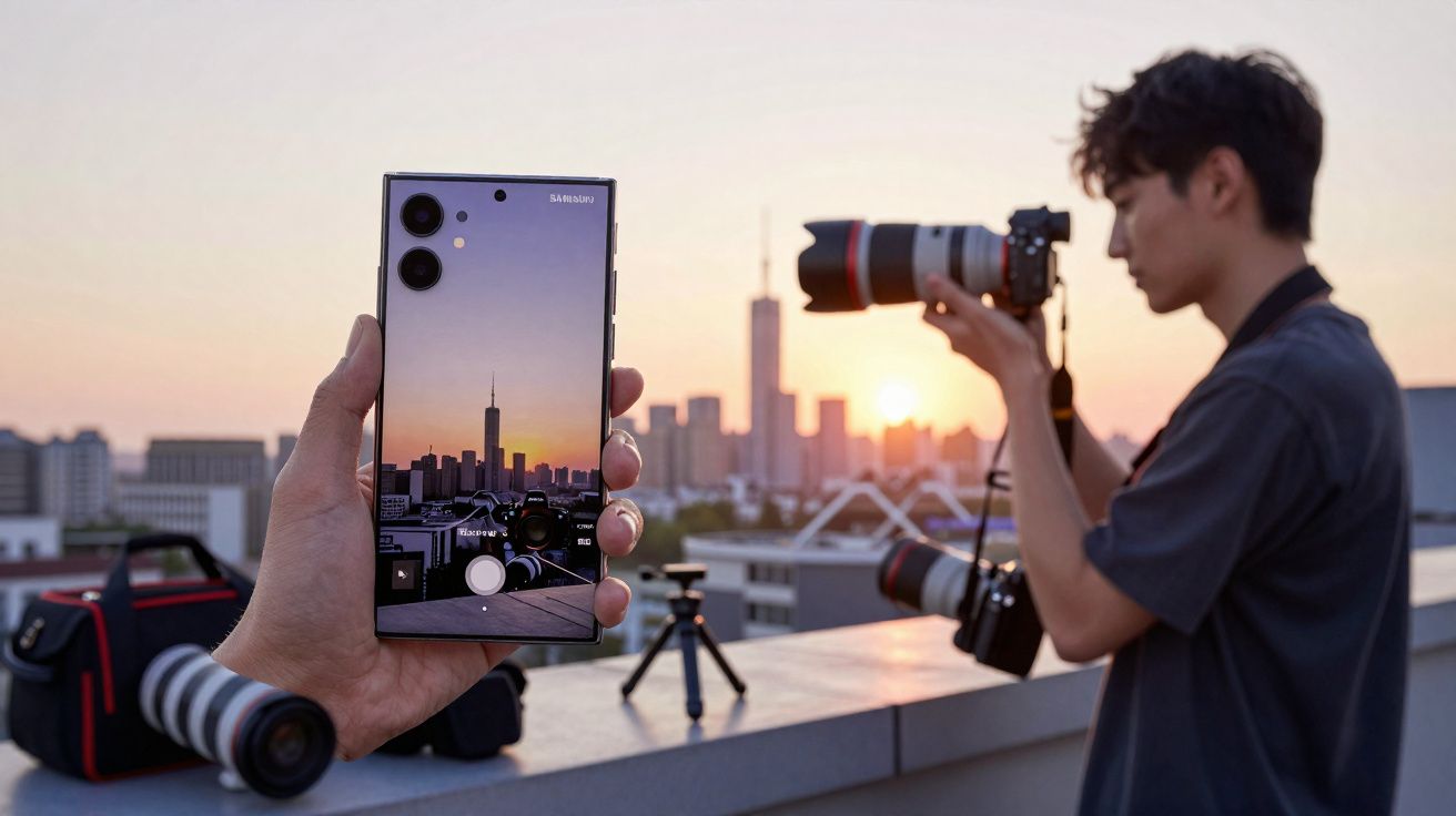 Pessoa tirando foto do pôr do sol com câmera profissional, enquanto segura smartphone Samsung com imagem da cidade.