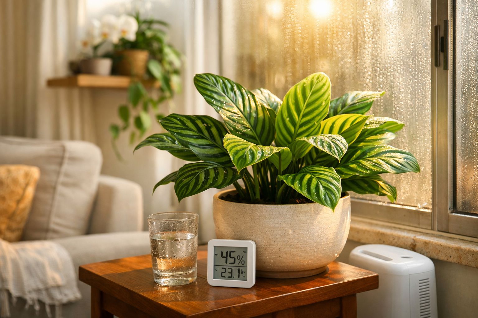 Planta em vaso sobre mesa ao lado de janela com umidificador, copo d'água e medidor de umidade e temperatura.