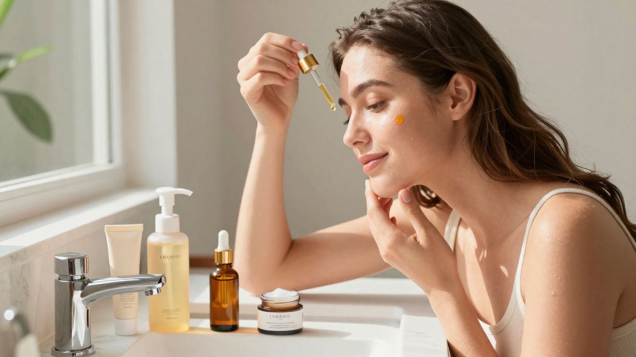 Mulher aplicando sérum facial com conta-gotas em pele, sentada ao lado da pia com produtos de beleza.